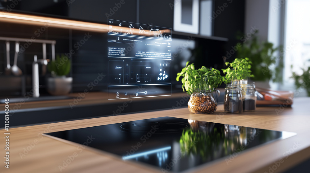 Poster a smart kitchen assistant featuring a holographic recipe display and voice-command controls, set on 