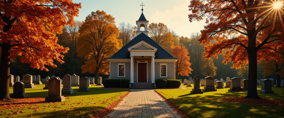 Obraz premium Autumn Church and Cemetery - Serene Memorial Setting at Sunset