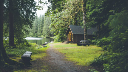 A peaceful scene of a Christian retreat in a forest, A calming depiction of a Catholic meditation retreat, set in a quiet, nature-filled environment. Participants engage in deep reflection and prayer.