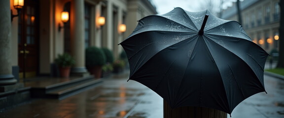 Black Umbrella in Rain Against Somber Building - Funeral Atmosphere