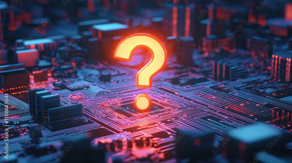Poster Digital circuit board glows with vibrant colors. Glowing question mark centers tech innovation. Exploration, tech inquiry. Modern tech concepts. Future design. Abstract tech pattern. Vivid colors.