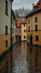 Obraz premium Rainy day in Cesky Krumlov, Czech Republic.