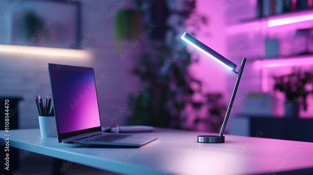 Poster a futuristic led desk lamp with voice-activated controls and color-changing features, illuminating a
