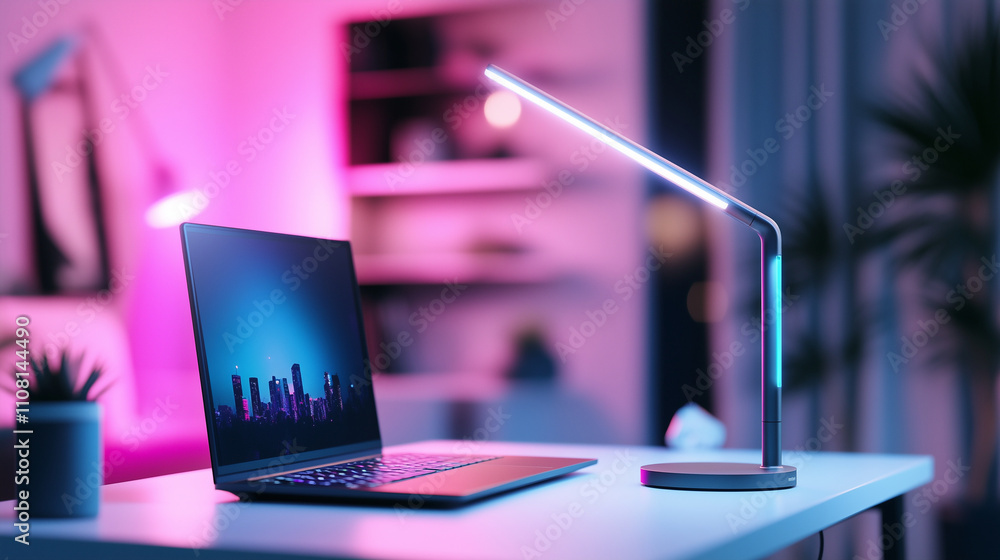 Poster a futuristic led desk lamp with voice-activated controls and color-changing features, illuminating a