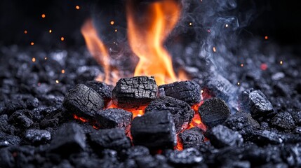 A close-up of glowing charcoal with flames and smoke, ideal for grilling or barbecuing.