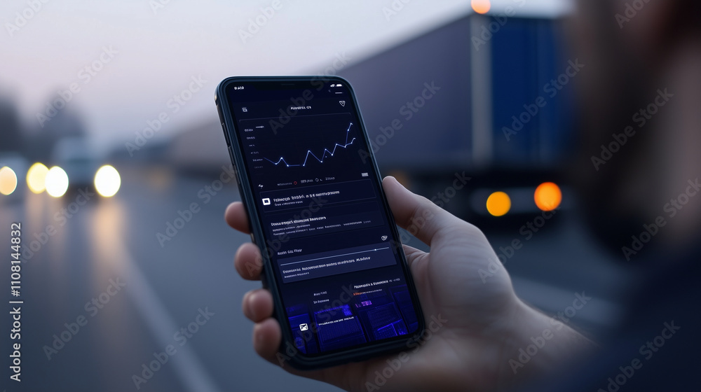 Poster a minimalist app design featuring real-time cargo updates via gps, detailed blockchain audit trails,