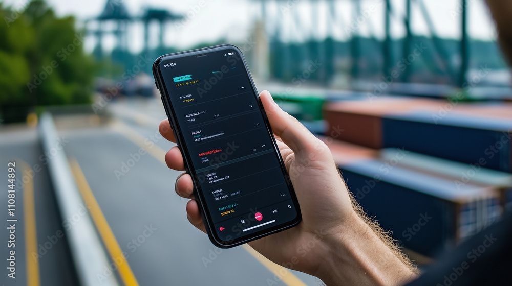 Poster a minimalist app design featuring real-time cargo updates via gps, detailed blockchain audit trails,