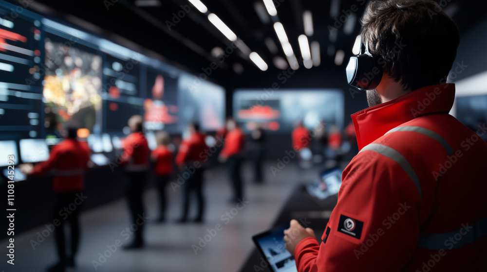 Aufkleber A dynamic scene of rescue workers receiving briefings in a modern command center with holographic displays and real-time analytics on surrounding screens