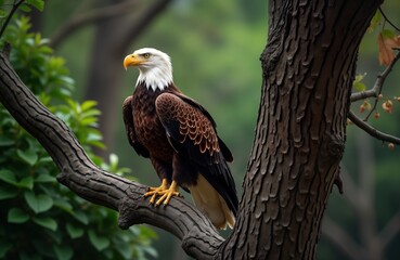 Majestic bald eagle perched on tree branch in zoo. Eagle displays untamed beauty. Sharp focus on bird. Detailed textured photo. Regal presence. Natural textures. Wildlife photo. Bird of prey. Brown,