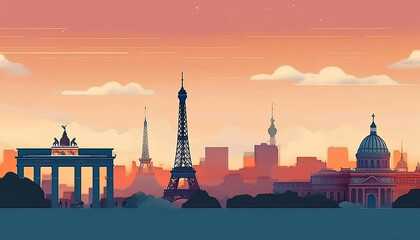 Naklejka premium Showcasing the silhouettes of Berlin and iconic landmarks against a vibrant sunset sky
