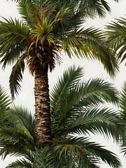 Obraz premium Realistic curved palm tree with lush fronds, isolated on white.