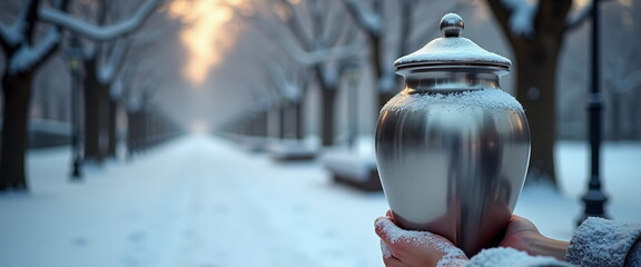 Fototapeta premium Snow-Covered Urn in Winter Street - Memorial and Remembrance Symbolism
