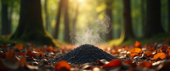 Fototapeta premium Steaming Ashes in Autumnal Forest - Memorial Nature Symbolism