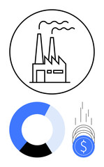Industrial factory with two chimneys inside a circle, segmented pie chart in various shades of blue and black, falling coins with dollar signs. Ideal for industry, economy, production, finance