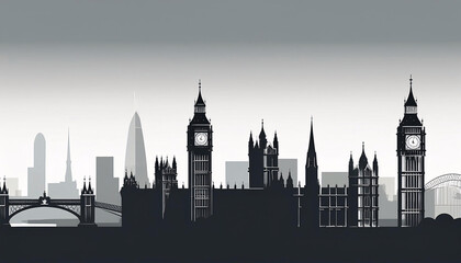 Fototapeta premium Elegant silhouette of London's iconic landmarks showcasing the Shard, Big Ben, and historic architecture against a minimalist backdrop
