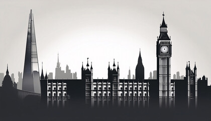 Fototapeta premium Stylized banner showcasing London's iconic landmarks featuring the Shard, Big Ben, and Westminster with ample copy space for promotional content