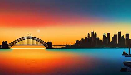 Obraz premium Stylish banner showcasing the silhouette of Sydney at sunset with the iconic Opera House and Harbour Bridge