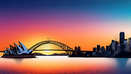 Obraz premium Stylish banner showcasing Sydney skyline with Opera House and Harbour Bridge against a vibrant sunset