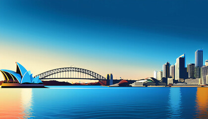 Naklejka premium Vibrant silhouette of Sydney's Opera House and Harbour Bridge against a serene skyline at dusk