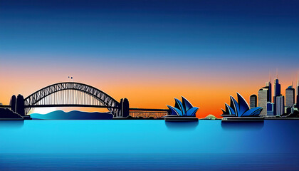 Obraz premium Vibrant banner displaying the silhouette of Sydney's iconic landmarks against a stunning sunset