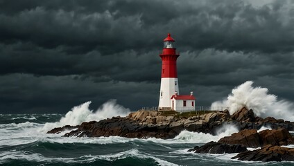 Obraz premium Red and white lighthouse on rocks in a stormy sea.