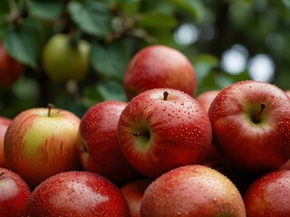 Red apples growing naturally, rich in flavor and nutrition.