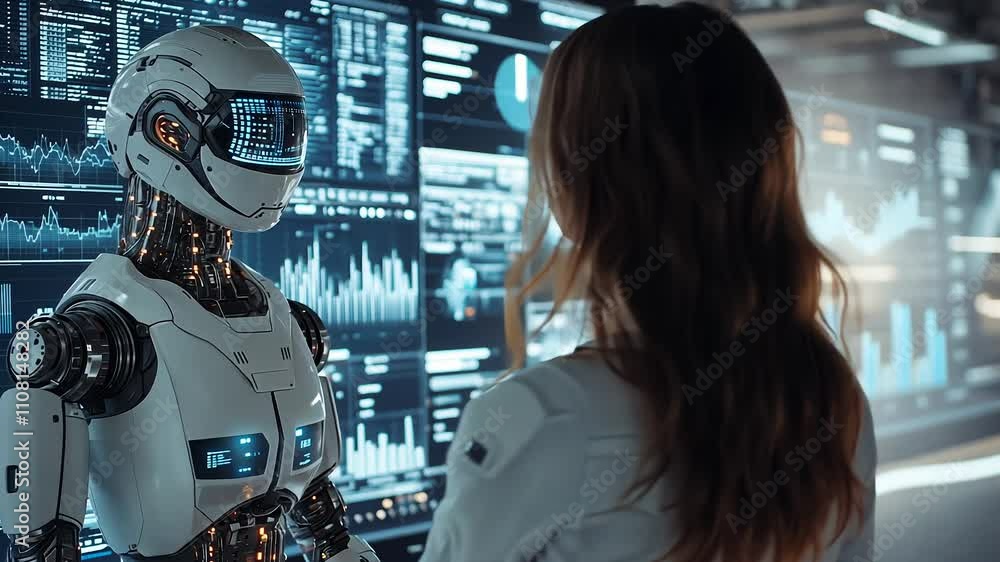 Poster In a sleek laboratory, a woman gazes curiously at a humanoid robot displaying advanced technology. Screens filled with data and analyses illuminate the space as they interact.