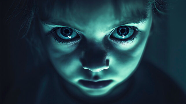 A haunted, possessed demonic child with a sinister gaze and wide-open eyes that resemble those of a demon, a child possessed by a satanic demon.