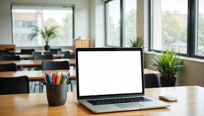 Fototapeta premium Laptop with blank screen on desk in modern classroom with large windows