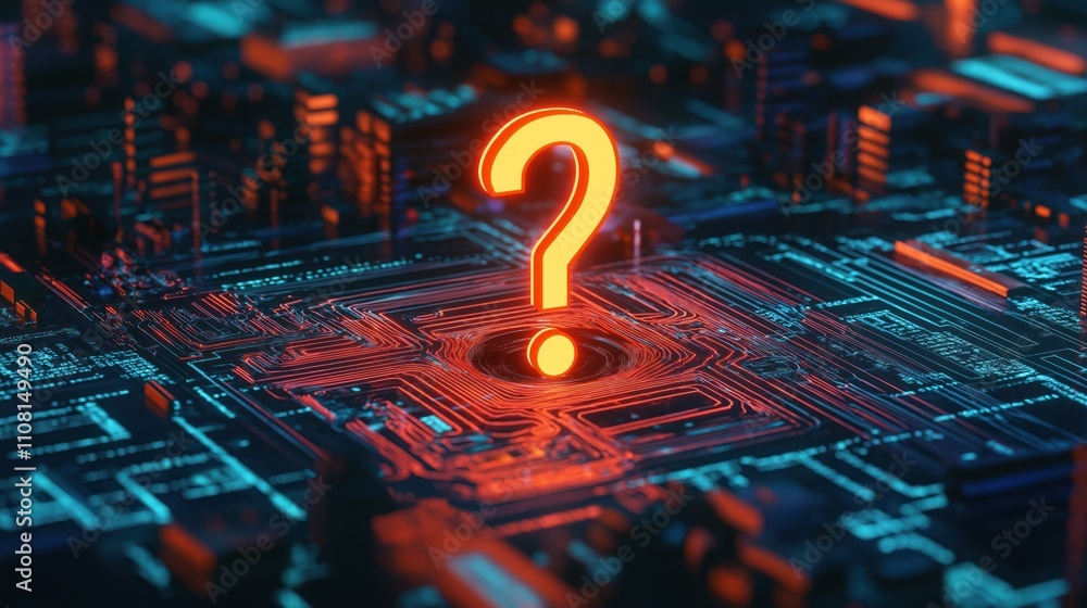 Poster glowing question mark on complex tech circuit board. digital landscape exploration, inquiry. futuris