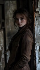 Obraz premium A woman in a brown jacket standing next to an old room