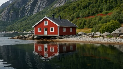 Obraz premium Red house by the sea in Norway.