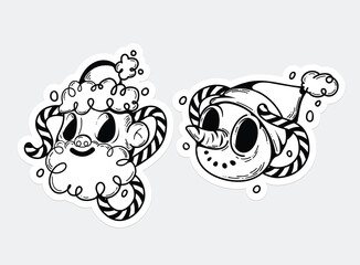 Elegant vector stickers with Santa Claus and snowman: graceful drawings with black lines, isolated from light background. Stylish minimalism for holiday decor and creating unique design.