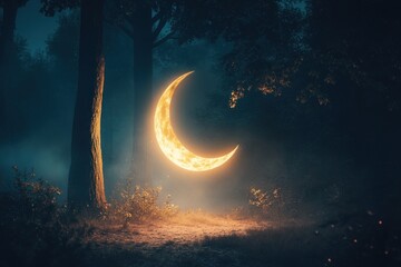 Crescent Moon Illuminates Dark Forest Path