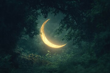 Glowing Crescent Moon Hidden In A Dark Forest