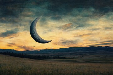 Crescent Moon Over Serene Prairie Landscape At Sunset