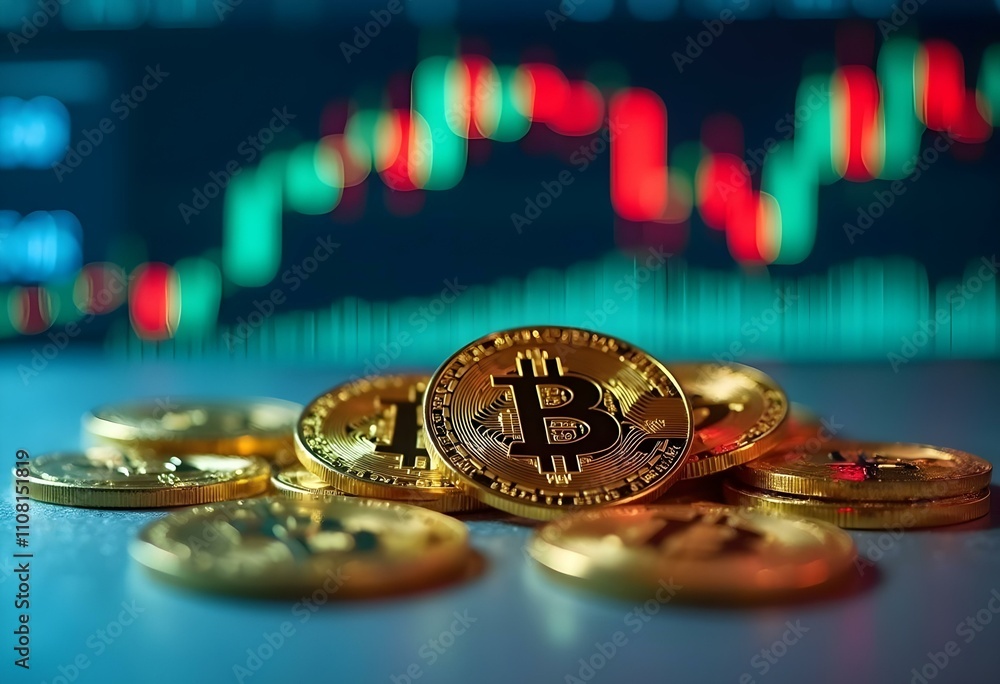 Poster this is a close-up of several textured golden bitcoin coins positioned on a reflective wooden surfac