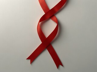 Red ribbon on a white background with soft lighting, space for text.