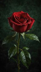 Fototapeta premium Red rose against a dark green background.
