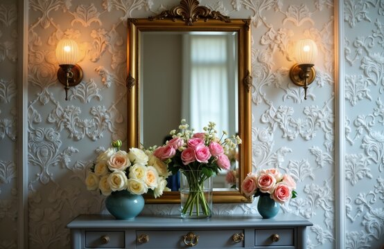 Fototapeta Elegant room interior with flowers in vases on grey table. Mirror reflects intricate wallpaper patterns. Flowers pink, white roses. Luxurious decor. Perfect for wedding special event. Stylish home