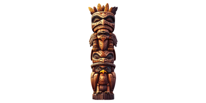 Wooden Totem Pole With Carved Figures Isolated on Transparent Background