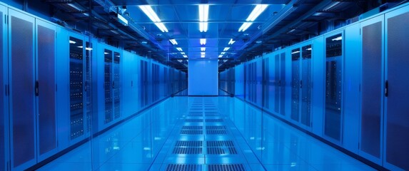 Advanced data center featuring ventilated server cabinets, glowing blue lighting, polished reflective floors, and high-tech infrastructure for secure computing