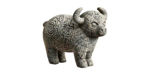 Fototapeta premium Stone Ram Figurine With Carved Patterns Isolated on Transparent Background