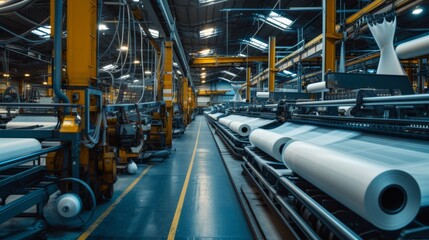 Fototapeta premium Spacious industrial textile factory with rows of automated machinery producing white fabric rolls, under a well-lit, organized structure with vibrant yellow accents