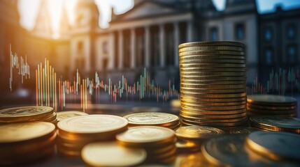 Macroeconomic policies impact fiscal stimulus, central bank strategies. Stacks of gold coins represent financial investment. Market trends, economic graphs superimposed showing financial markets.