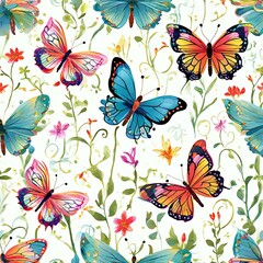 Artistic display of butterflies surrounded by bright blooms, intricate green vines, showcasing harmonious blend of colors, for uplifting artwork, decorations, greeting card, print, digital design.