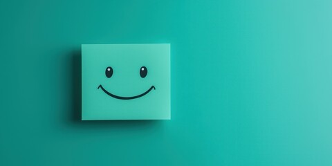 Teal sticker with smiley face on teal background. Minimalist still life design. Modern graphic design concept. Installation art style. Joyful, positive message. Great for announcement banner. Simple,