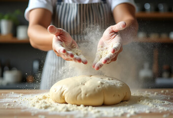 hef's hands making pizza dough. Close up