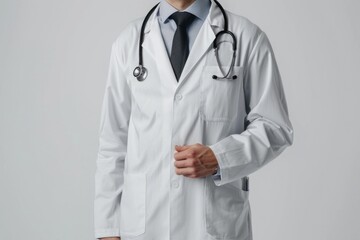 Handsome doctor in white coat with stethoscope on white background