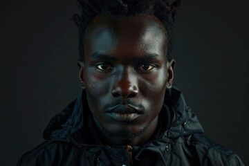 Obraz premium Detailed portrait of serious young African man on dark background.